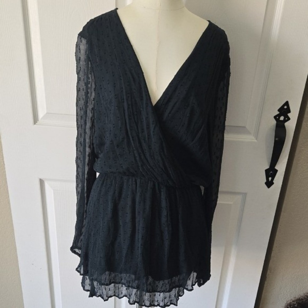 Free People Navy Swiss Dot Long Sleeve dress Surplice V-Neck Boho Size M